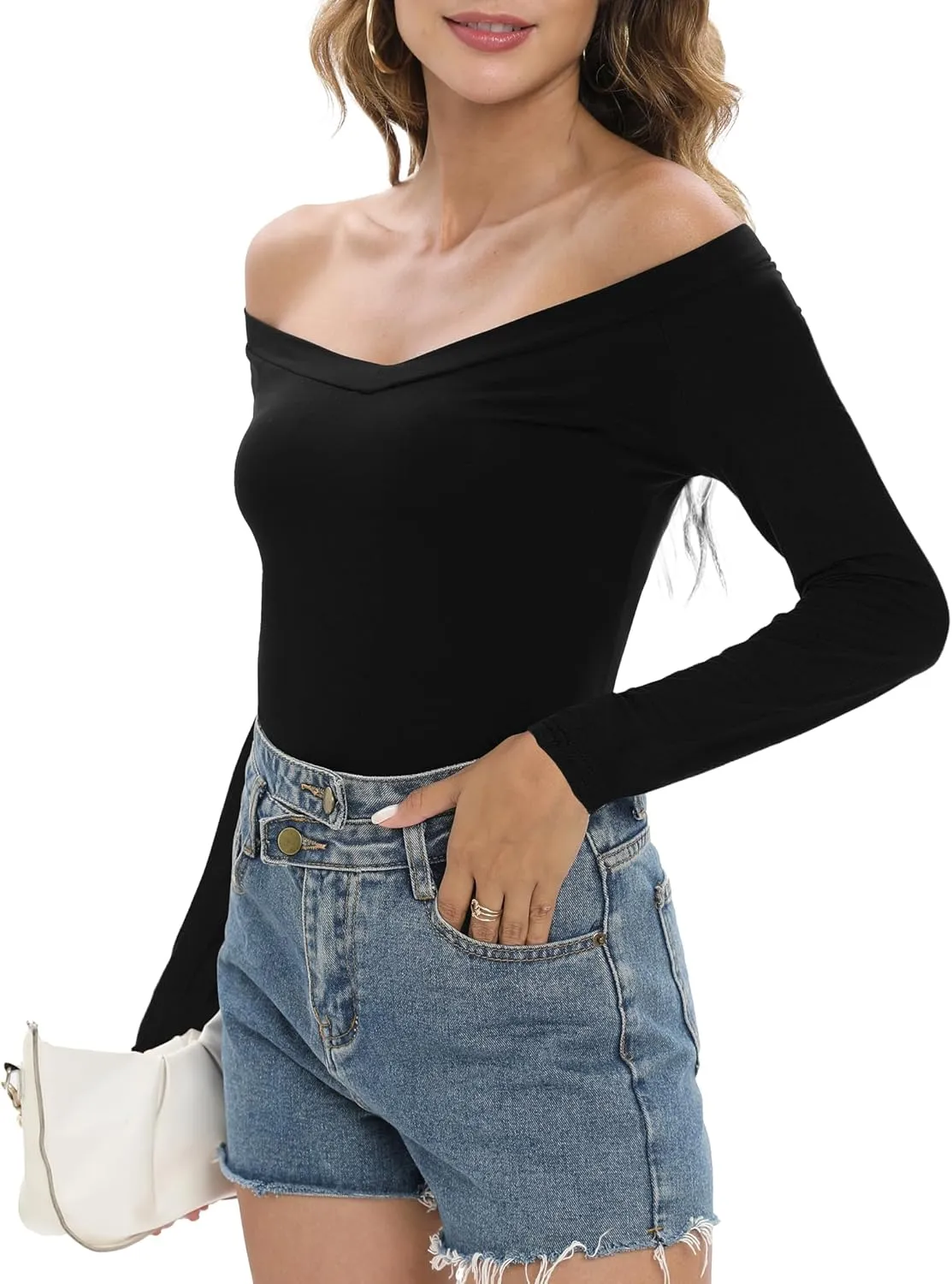 Sarin Mathews Womens Shirts Off The Shoulder Tops Sexy V Neck Slim Fit Shirts Tops Blouses