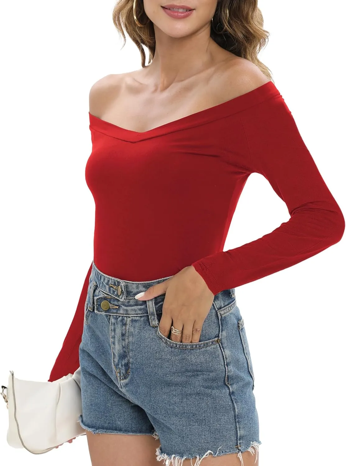 Sarin Mathews Womens Shirts Off The Shoulder Tops Sexy V Neck Slim Fit Shirts Tops Blouses