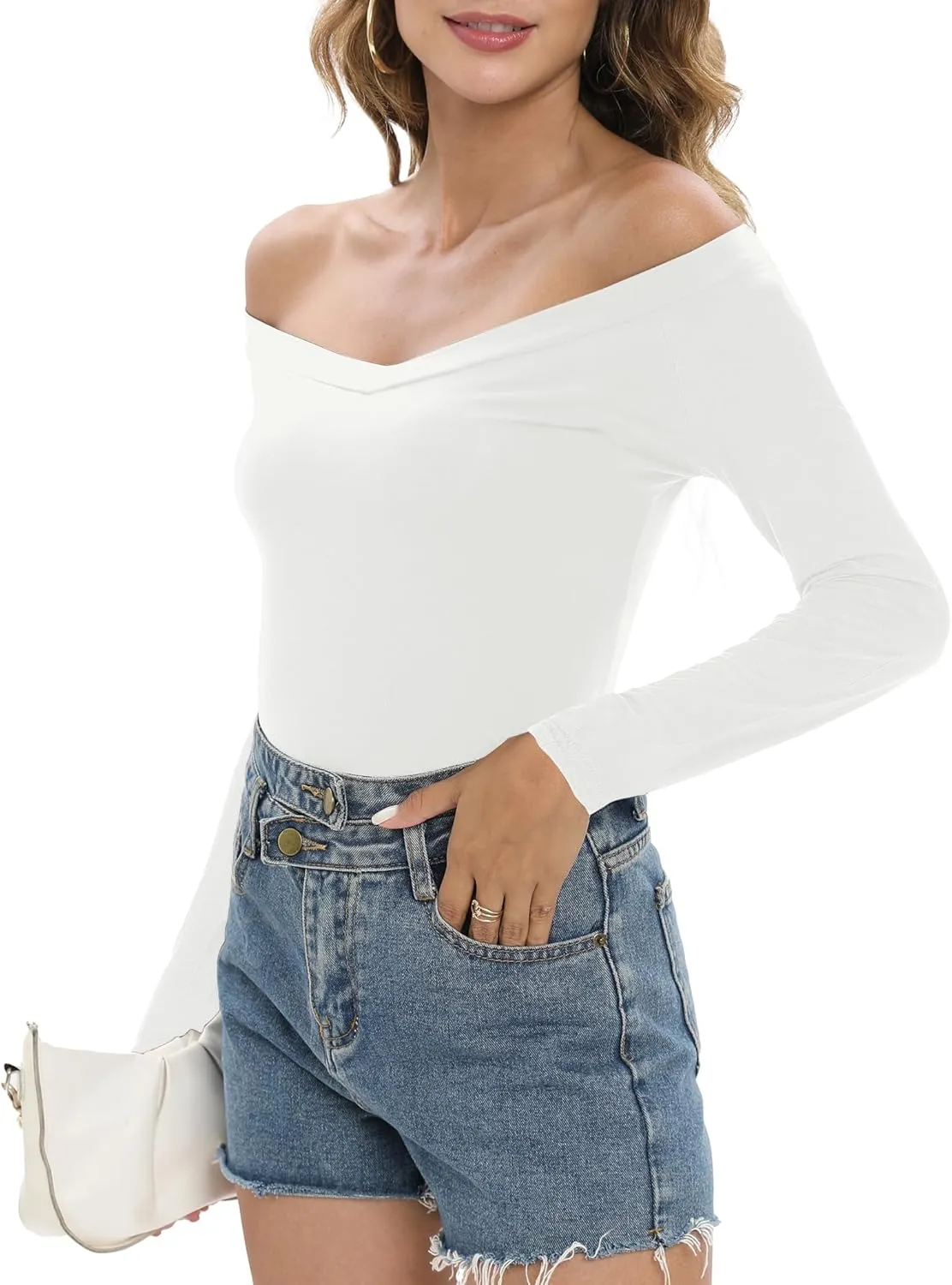 Sarin Mathews Womens Shirts Off The Shoulder Tops Sexy V Neck Slim Fit Shirts Tops Blouses