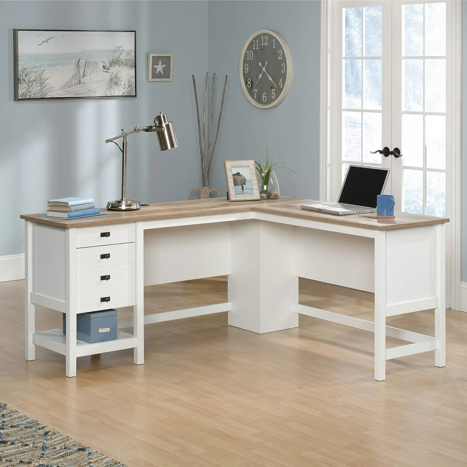 Sauder Cottage Road L Shaped Desk Computer Desk with Drawers, Home Office Desk with Optional File Cabinet Storage, Cable Management, in Soft White Finish