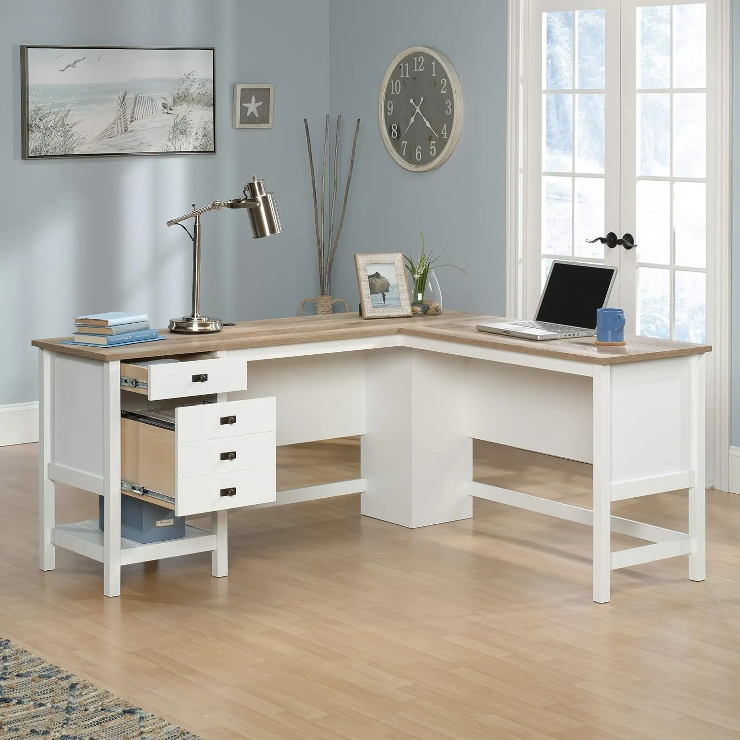 Sauder Cottage Road L Shaped Desk Computer Desk with Drawers, Home Office Desk with Optional File Cabinet Storage, Cable Management, in Soft White Finish