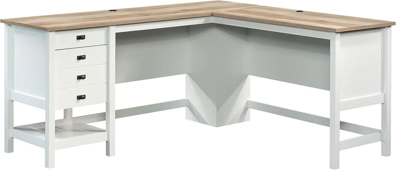Sauder Cottage Road L Shaped Desk Computer Desk with Drawers, Home Office Desk with Optional File Cabinet Storage, Cable Management, in Soft White Finish