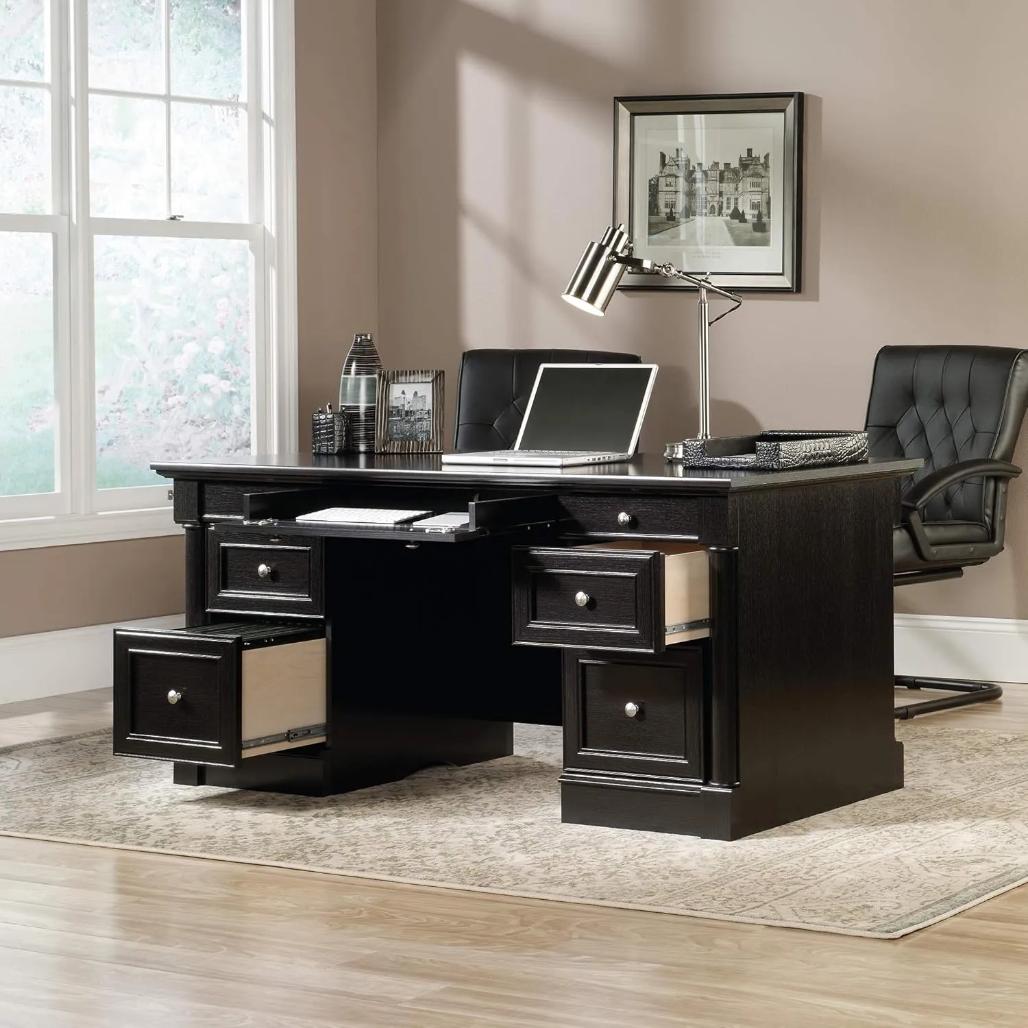 Sauder Palladia Office Desk with Drawers, Executive Desk with File Cabinet Storage, Cable Management, Keyboard Tray, in Wind Oak Finish