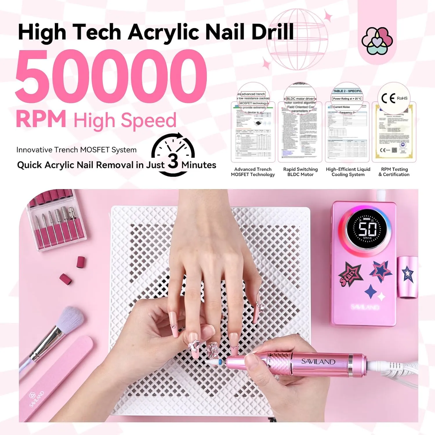 SAVILAND Powerful Electric Nail Drill Professional: 50000RPM Nail Filer Electric Nail File Rechargeable Nail Drill Kit Portable Nail Efile 2 Ceramic Bit 2 Sticker for Fast Remove Acrylic Nail