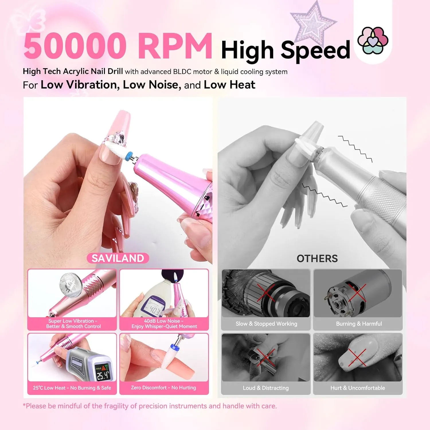 SAVILAND Powerful Electric Nail Drill Professional: 50000RPM Nail Filer Electric Nail File Rechargeable Nail Drill Kit Portable Nail Efile 2 Ceramic Bit 2 Sticker for Fast Remove Acrylic Nail