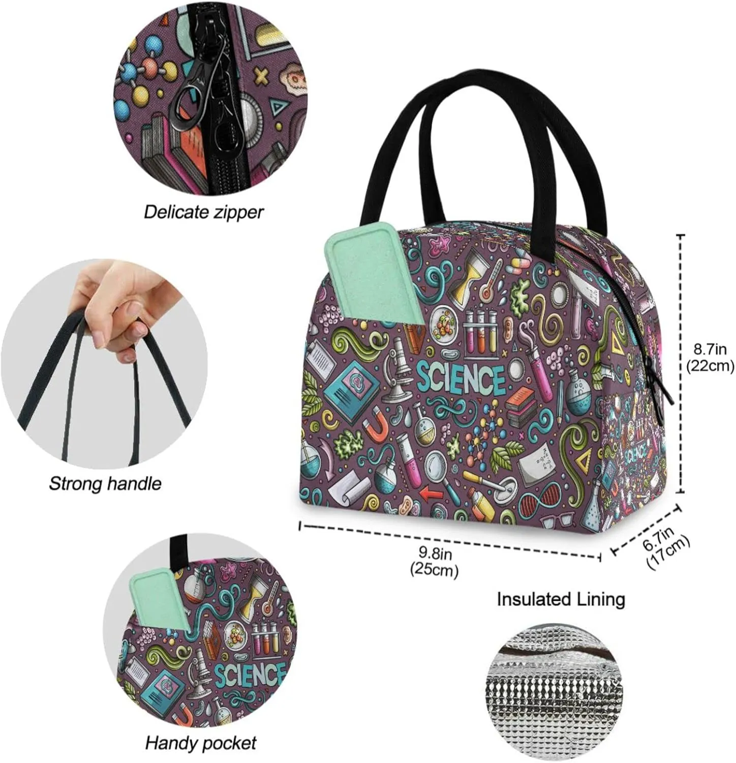 Science Chemical Experiment Insulated Lunch Tote Bag, Reusable Multi-Pocket Container Cooler Bag for Women&Men School Work Picnic Outdoor Travel