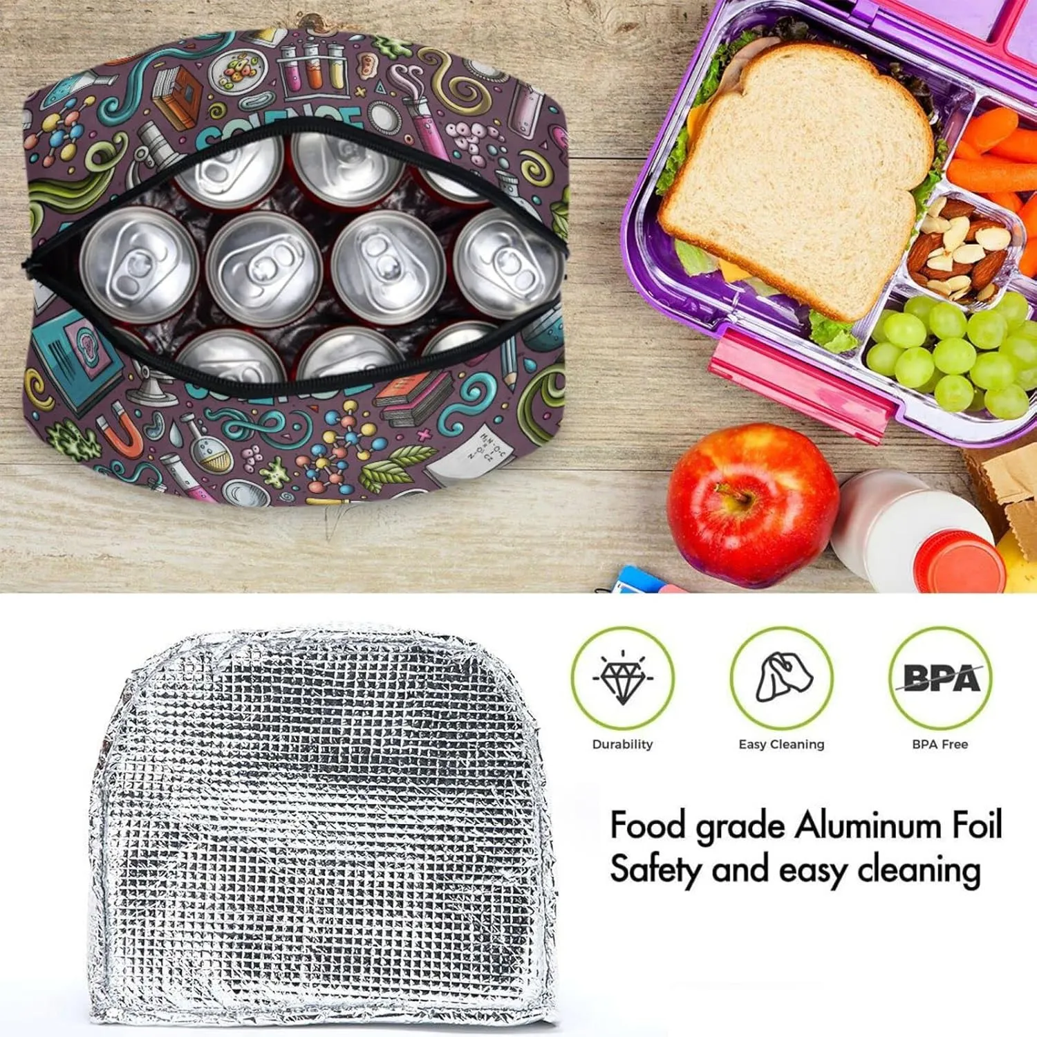 Science Chemical Experiment Insulated Lunch Tote Bag, Reusable Multi-Pocket Container Cooler Bag for Women&Men School Work Picnic Outdoor Travel