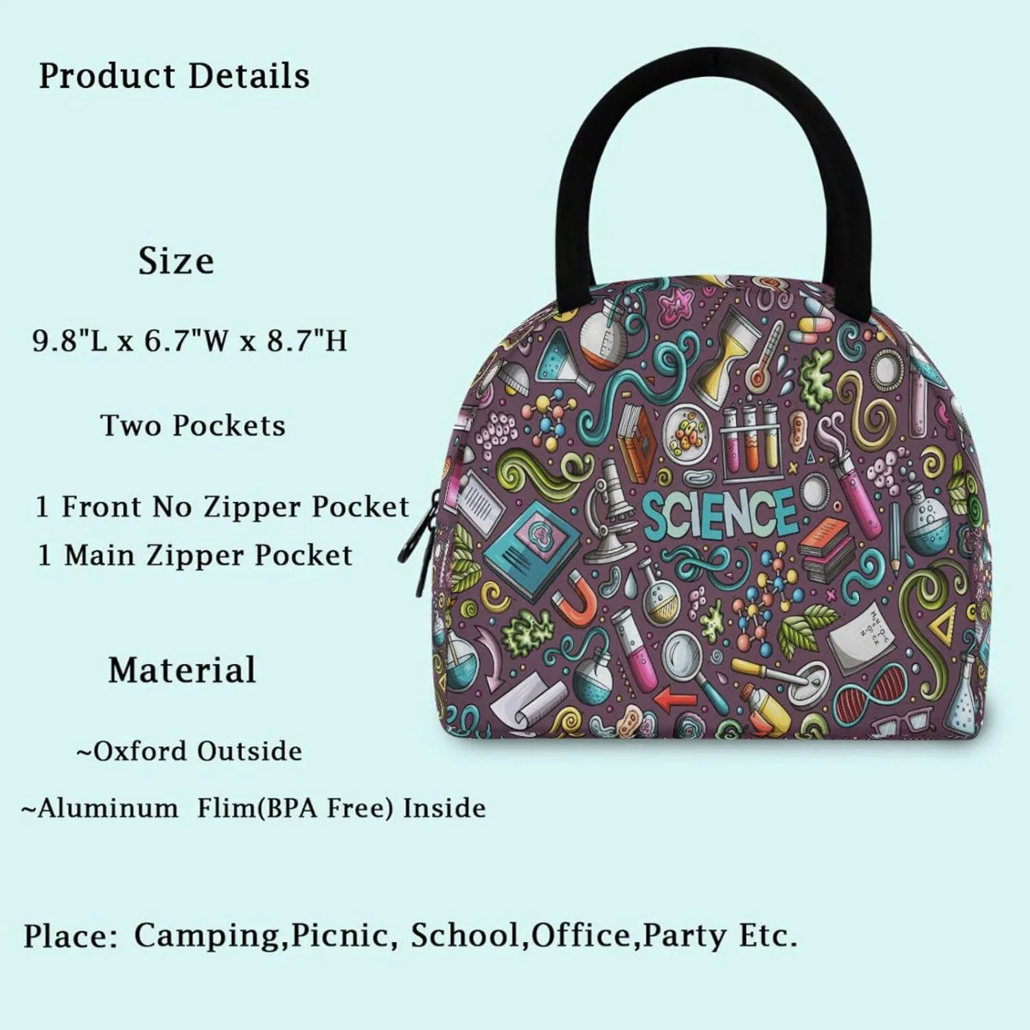 Science Chemical Experiment Insulated Lunch Tote Bag, Reusable Multi-Pocket Container Cooler Bag for Women&Men School Work Picnic Outdoor Travel