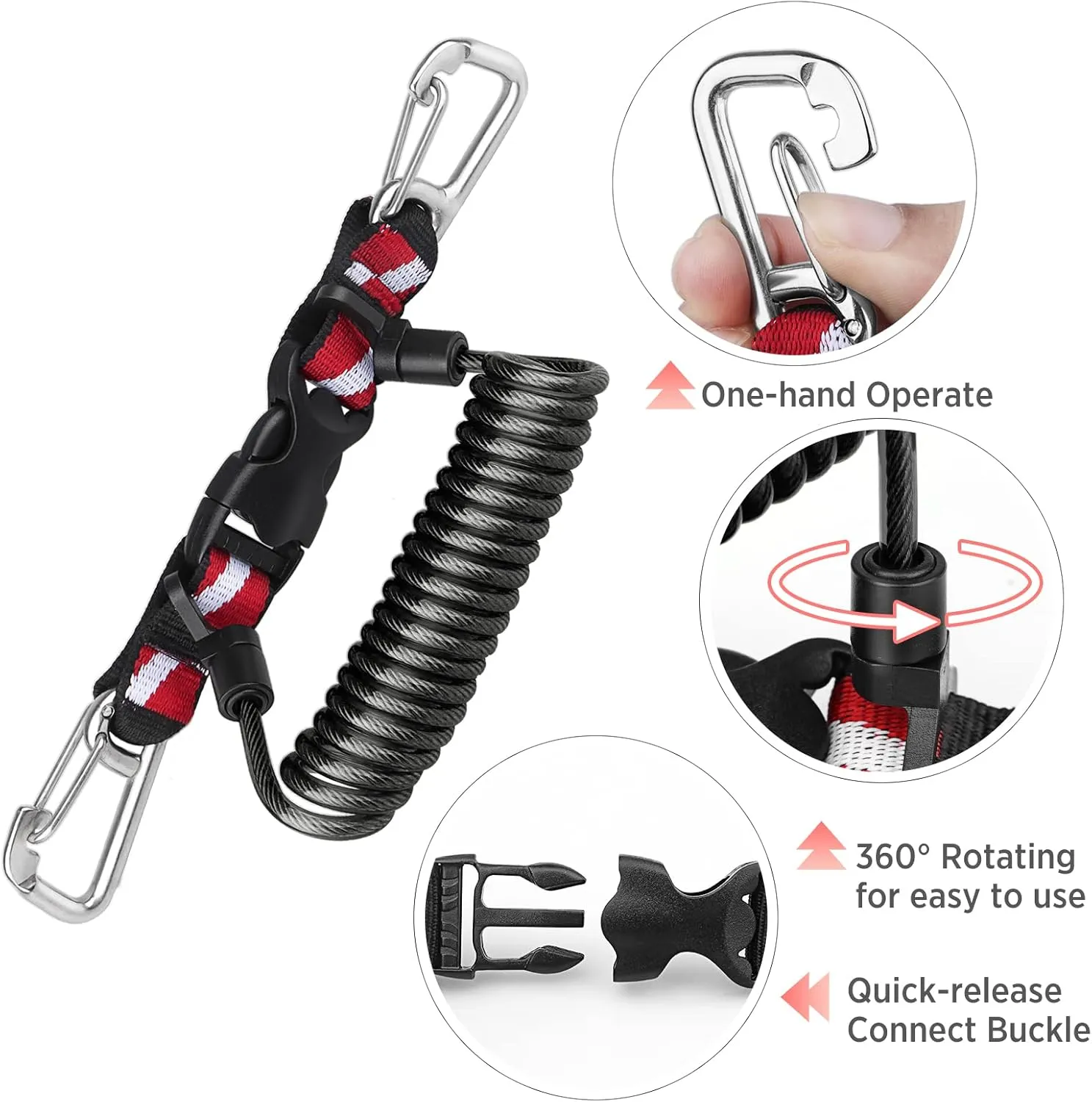 Scuba Retractable Lanyard, Stainless Steel Double-Clips and Spiral Core Anti-Lost Lanyard with Quick-Release Buckle