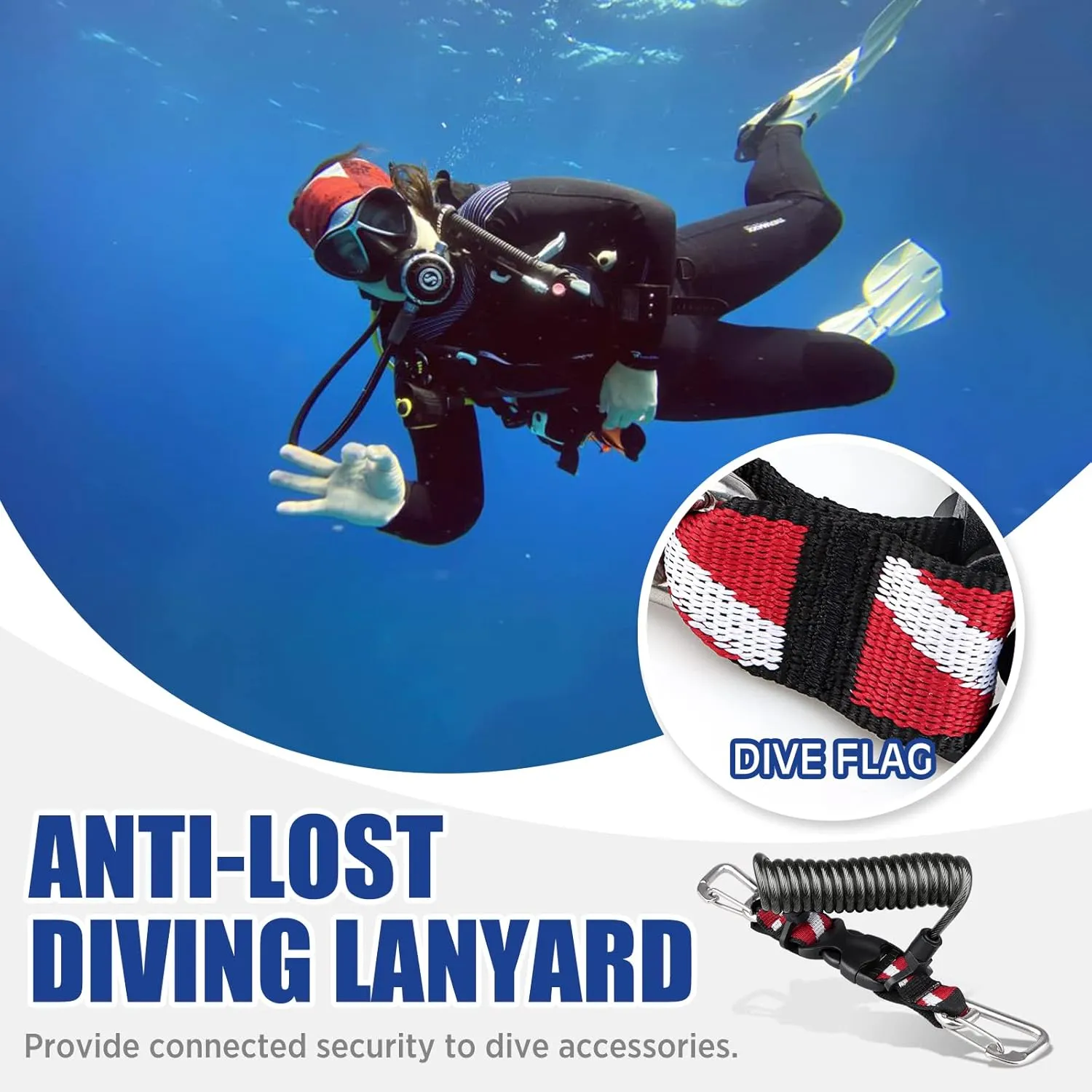 Scuba Retractable Lanyard, Stainless Steel Double-Clips and Spiral Core Anti-Lost Lanyard with Quick-Release Buckle