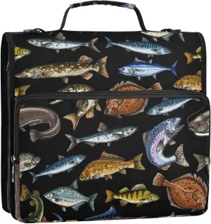 Sea and Freshwater Fish Black Zipper Binder, 1.5 inch 3 Ring Binder Organizer Bag with Shoulder Strap and Handle, 500 Sheet Capacity
