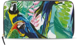 Seamless Colorful Parrots and Exotic Green Plants with Pink Flowers Leather Long Wallet Organizer with Zipper Purse Clutch Bag for Women Men Key Card Coin Passport Checkbook 8 x 4 inch