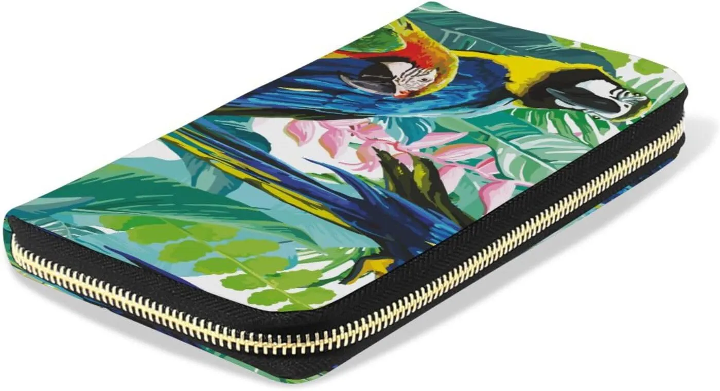 Seamless Colorful Parrots and Exotic Green Plants with Pink Flowers Leather Long Wallet Organizer with Zipper Purse Clutch Bag for Women Men Key Card Coin Passport Checkbook 8 x 4 inch