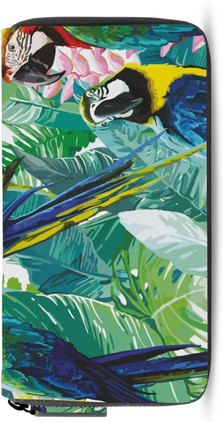 Seamless Colorful Parrots and Exotic Green Plants with Pink Flowers Leather Long Wallet Organizer with Zipper Purse Clutch Bag for Women Men Key Card Coin Passport Checkbook 8 x 4 inch