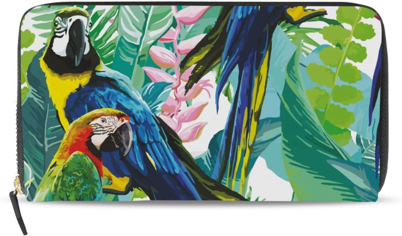 Seamless Colorful Parrots and Exotic Green Plants with Pink Flowers Leather Long Wallet Organizer with Zipper Purse Clutch Bag for Women Men Key Card Coin Passport Checkbook 8 x 4 inch