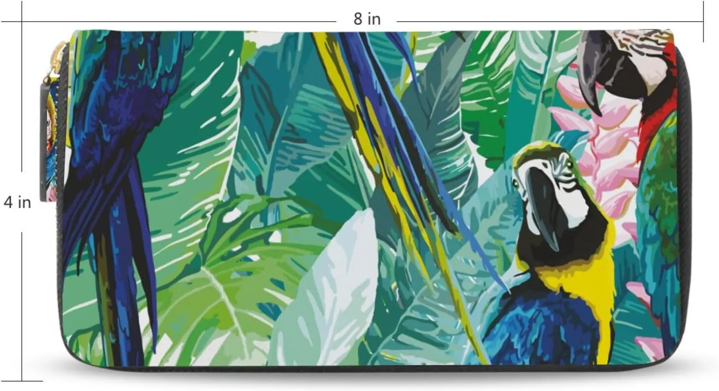 Seamless Colorful Parrots and Exotic Green Plants with Pink Flowers Leather Long Wallet Organizer with Zipper Purse Clutch Bag for Women Men Key Card Coin Passport Checkbook 8 x 4 inch