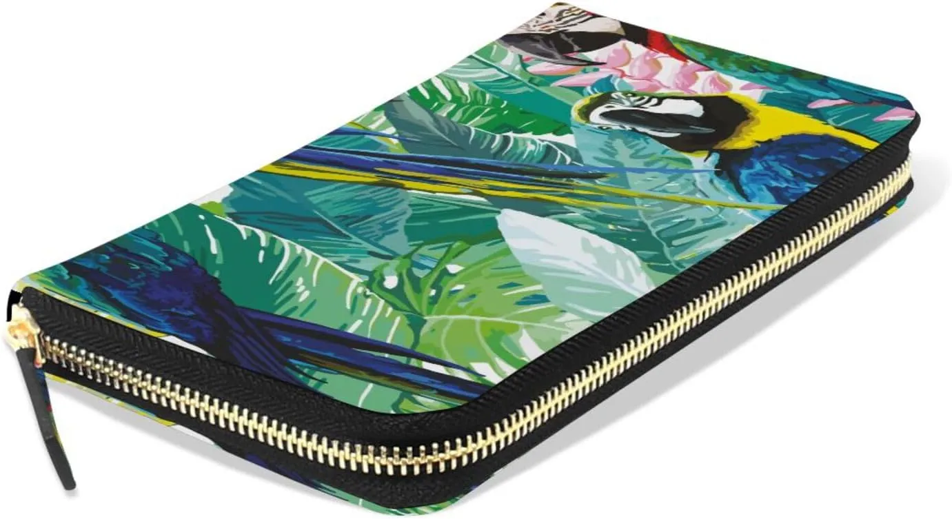 Seamless Colorful Parrots and Exotic Green Plants with Pink Flowers Leather Long Wallet Organizer with Zipper Purse Clutch Bag for Women Men Key Card Coin Passport Checkbook 8 x 4 inch