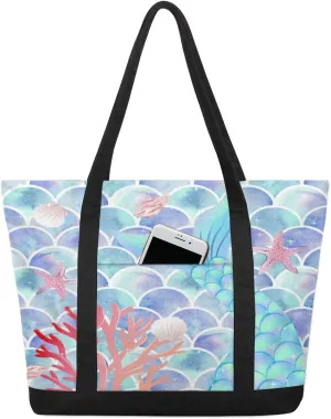 Seaweed Fish Scale Tote Bag for Women Work Canvas Travel Tote Bags with Zipper Large Capacity Casual Handbag with Inner Pockets Reusable Shopping Shoulder Bag for Teacher Nurse