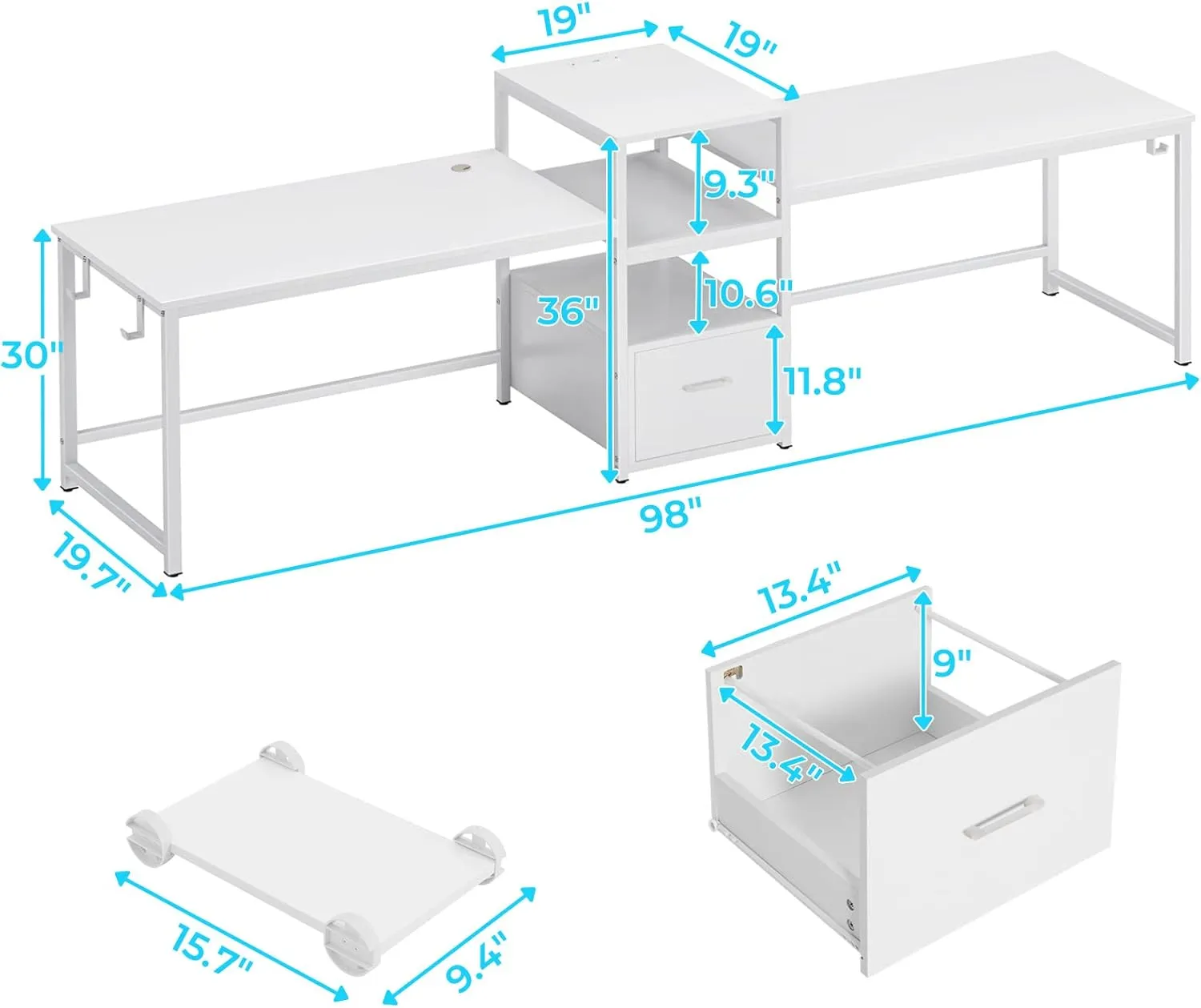 SEDETA 98" Home Office Desk, White Computer Desk with Letter/A4 File Drawer & Power Strip with USB, 2 Person Long Desk with Storage, Printer Shelf & Monitor Stand for Home Office, White