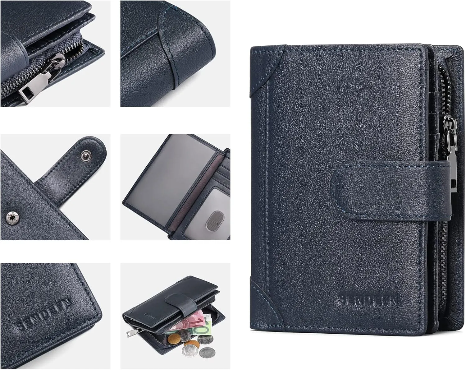SENDEFN Men's Wallet Genuine Leather Wallets for Men RFID Blocking Card Holder with Zipper Coin Purse