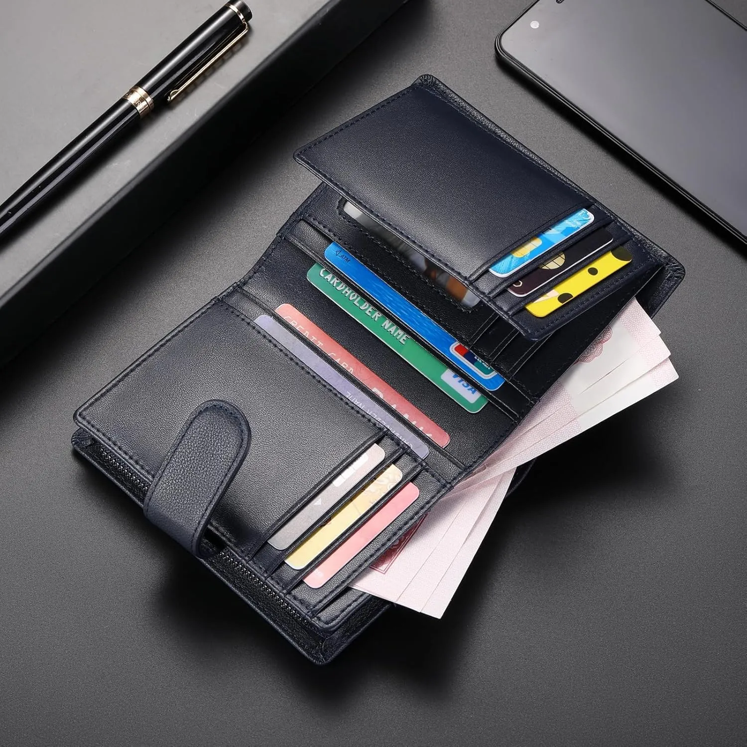 SENDEFN Men's Wallet Genuine Leather Wallets for Men RFID Blocking Card Holder with Zipper Coin Purse