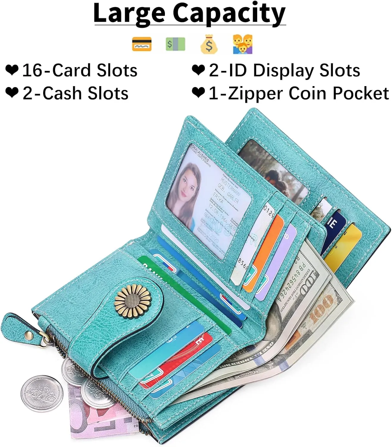 SENDEFN Small Womens Wallet Leather Bifold Card Holder RFID Blocking with Zipper Coin Pocket