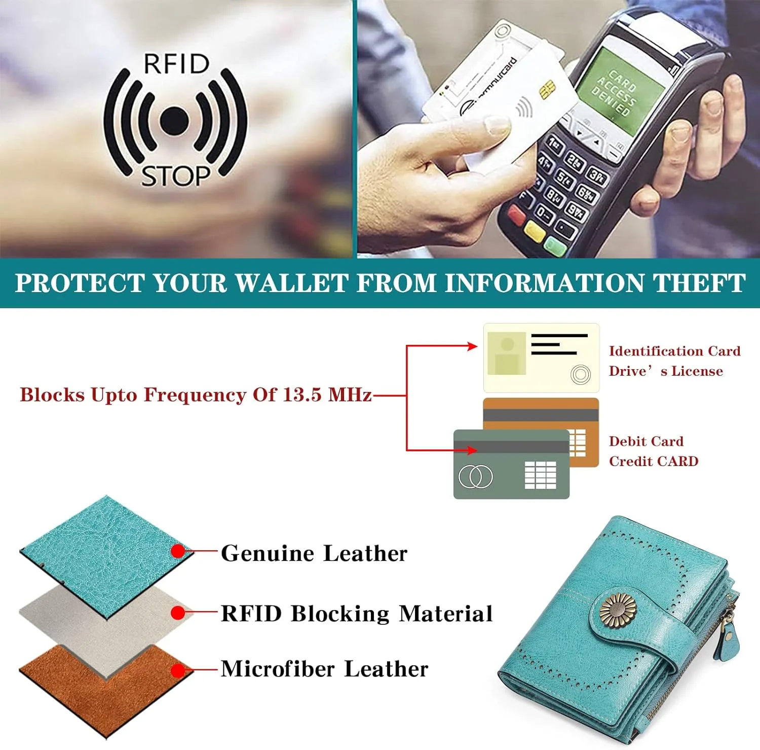 SENDEFN Small Womens Wallet Leather Bifold Card Holder RFID Blocking with Zipper Coin Pocket
