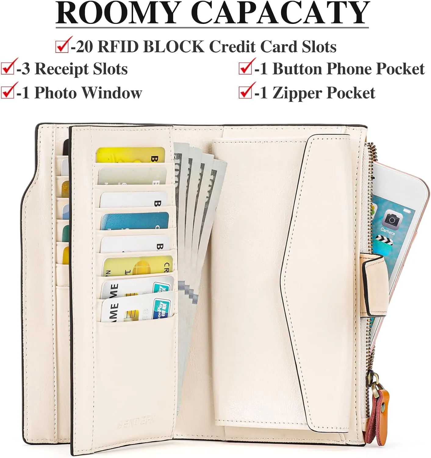 SENDEFN Women Leather Wallets RFID Blocking Clutch Card Holder Ladies Purse with Zipper Pocket