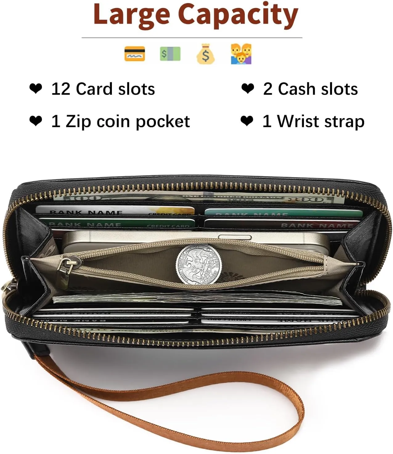 SENDEFN Womens Wallet Genuine Leather Wristlet Wallets for Women Clutch Credit Card Holder Zipper Around Long Purse
