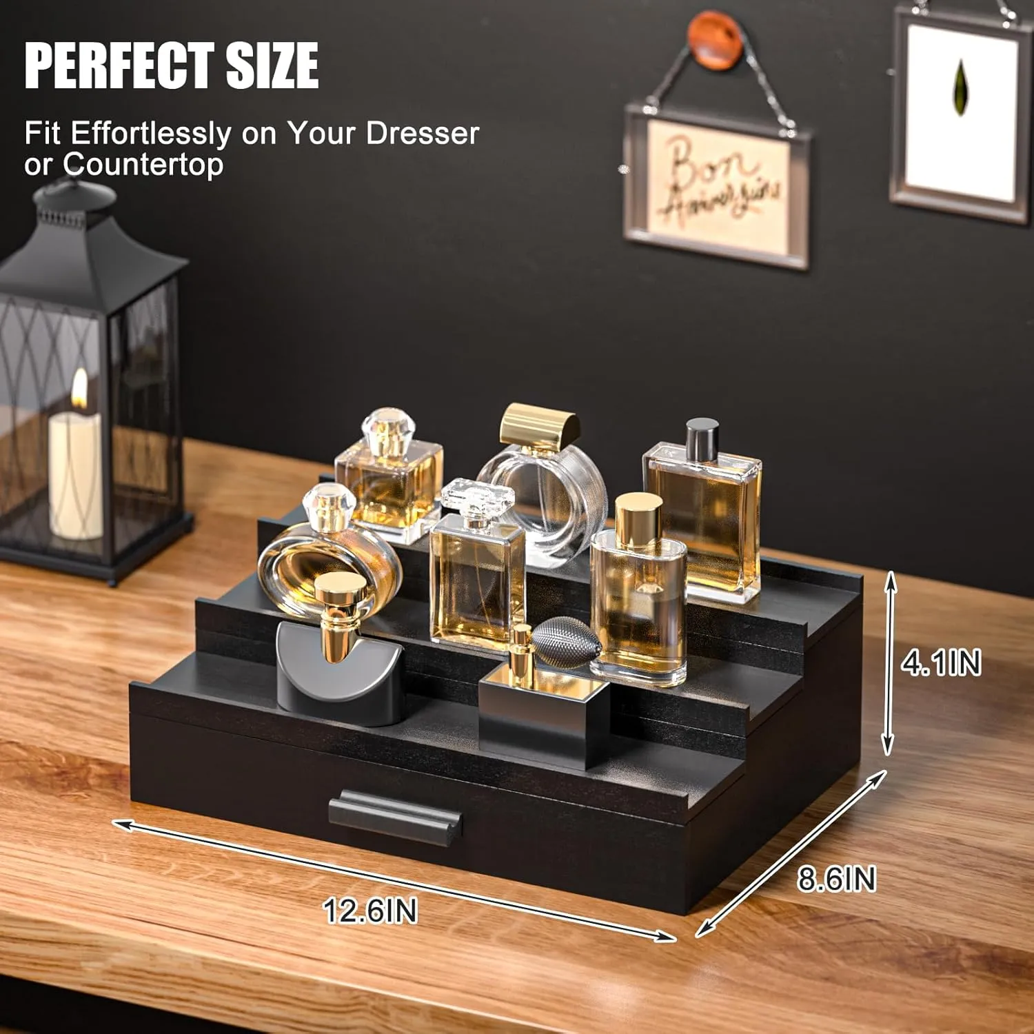Sephyroth Cologne Organizer for Men – 3-Tier Perfume Display Shelf with Drawer and Hidden Storage, Elegant Cologne Holder, Great Gift for Men and Fathers (3T-Black)