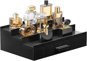 Sephyroth Cologne Organizer for Men – 3-Tier Perfume Display Shelf with Drawer and Hidden Storage, Elegant Cologne Holder, Great Gift for Men and Fathers (3T-Black)