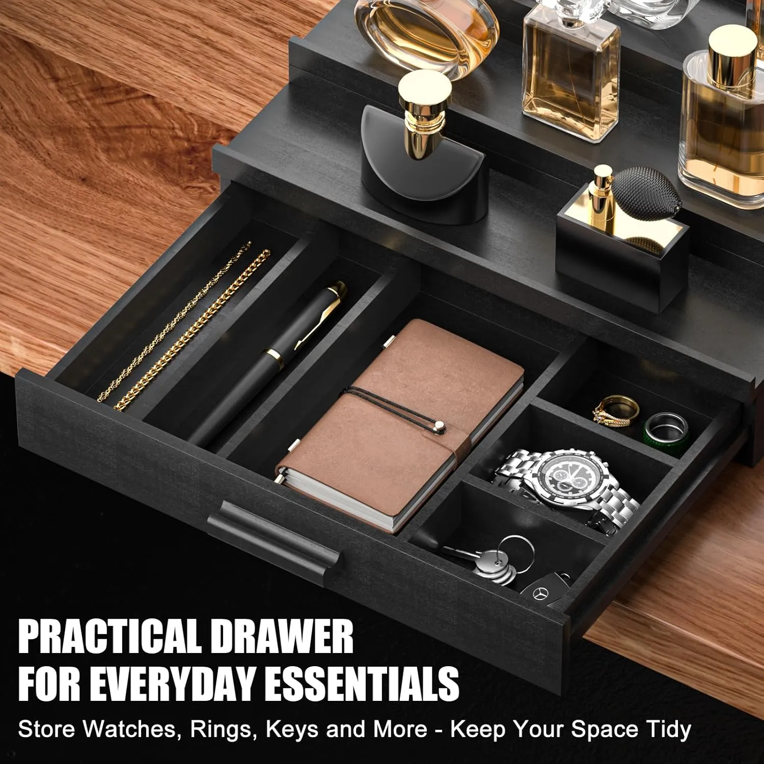 Sephyroth Cologne Organizer for Men – 3-Tier Perfume Display Shelf with Drawer and Hidden Storage, Elegant Cologne Holder, Great Gift for Men and Fathers (3T-Black)