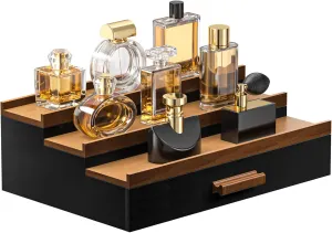 Sephyroth Cologne Organizer for Men – 3-Tier Perfume Display Shelf with Drawer and Hidden Storage, Elegant Cologne Holder, Great Gift for Men and Fathers (3T-BlackWalnut)