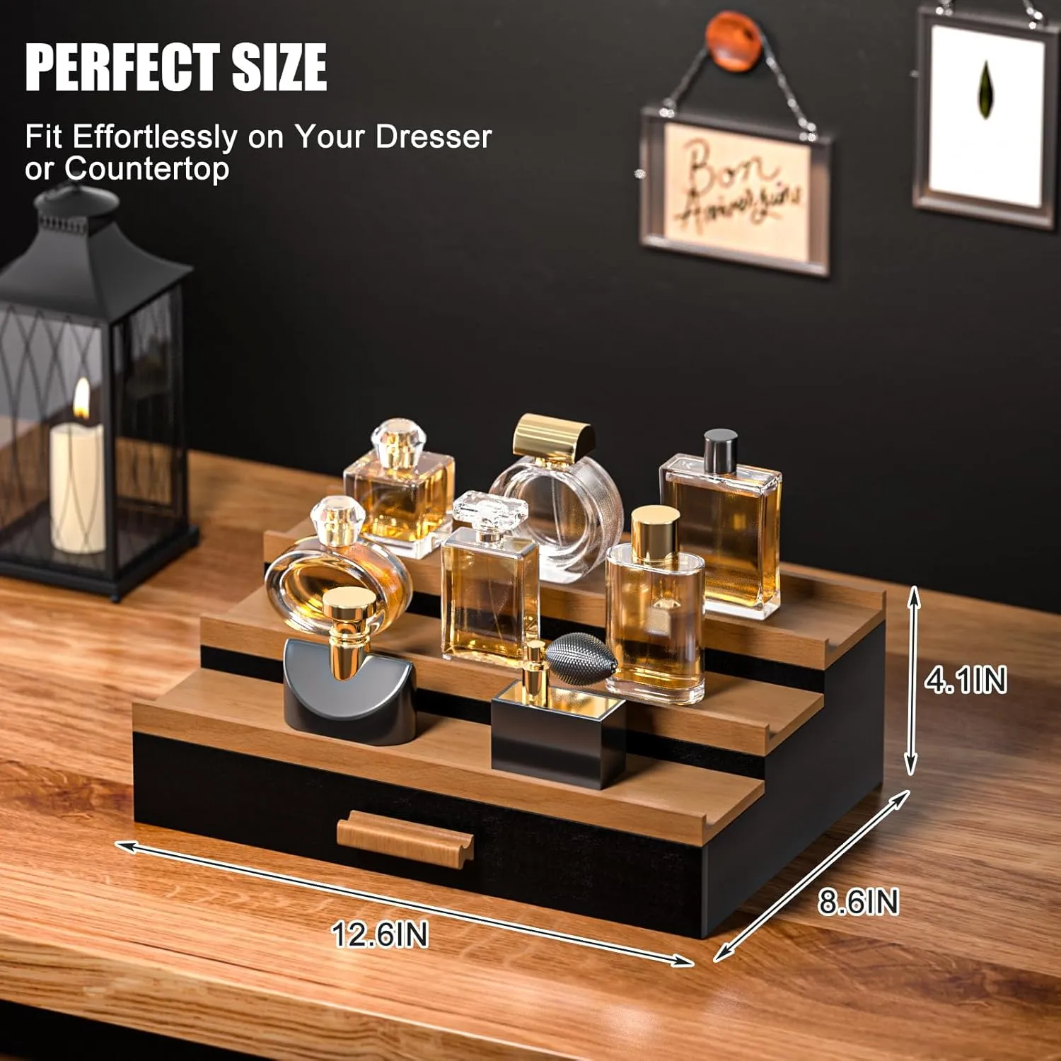 Sephyroth Cologne Organizer for Men – 3-Tier Perfume Display Shelf with Drawer and Hidden Storage, Elegant Cologne Holder, Great Gift for Men and Fathers (3T-BlackWalnut)