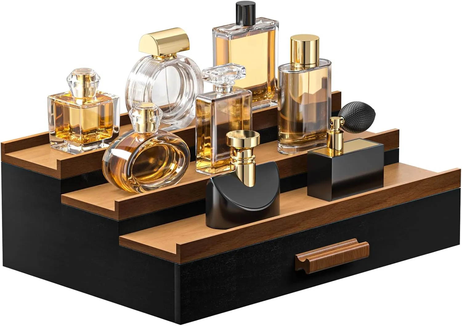 Sephyroth Cologne Organizer for Men – 3-Tier Perfume Display Shelf with Drawer and Hidden Storage, Elegant Cologne Holder, Great Gift for Men and Fathers (3T-BlackWalnut)