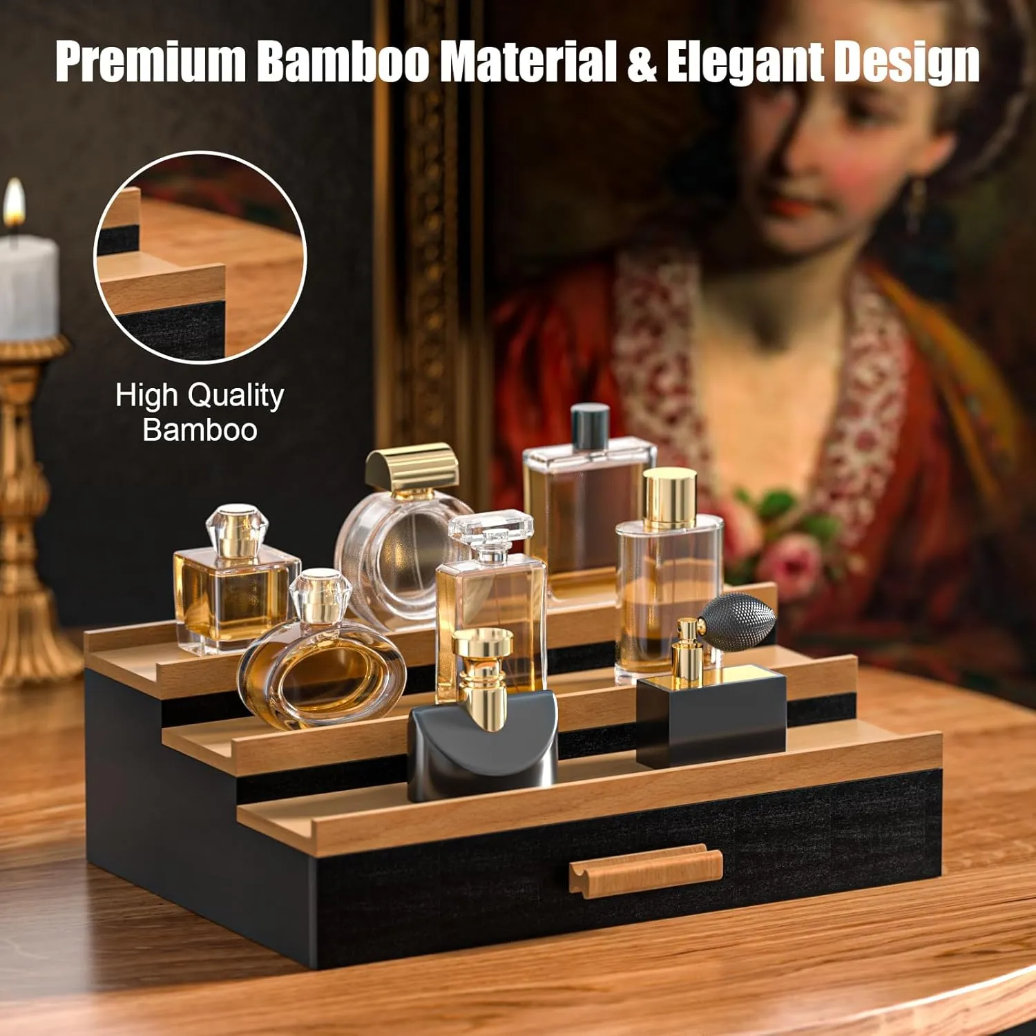 Sephyroth Cologne Organizer for Men – 3-Tier Perfume Display Shelf with Drawer and Hidden Storage, Elegant Cologne Holder, Great Gift for Men and Fathers (3T-BlackWalnut)