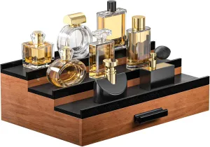 Sephyroth Cologne Organizer for Men – 3-Tier Perfume Display Shelf with Drawer and Hidden Storage, Elegant Cologne Holder, Great Gift for Men and Fathers (3T-WalnutBlack)