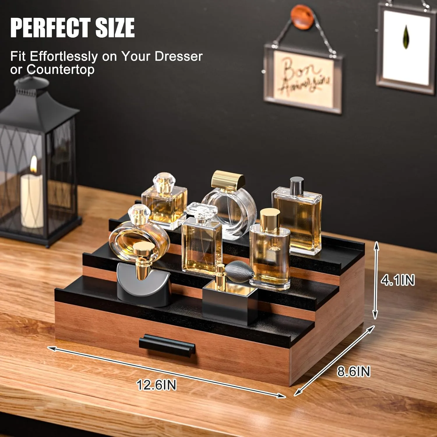 Sephyroth Cologne Organizer for Men – 3-Tier Perfume Display Shelf with Drawer and Hidden Storage, Elegant Cologne Holder, Great Gift for Men and Fathers (3T-WalnutBlack)