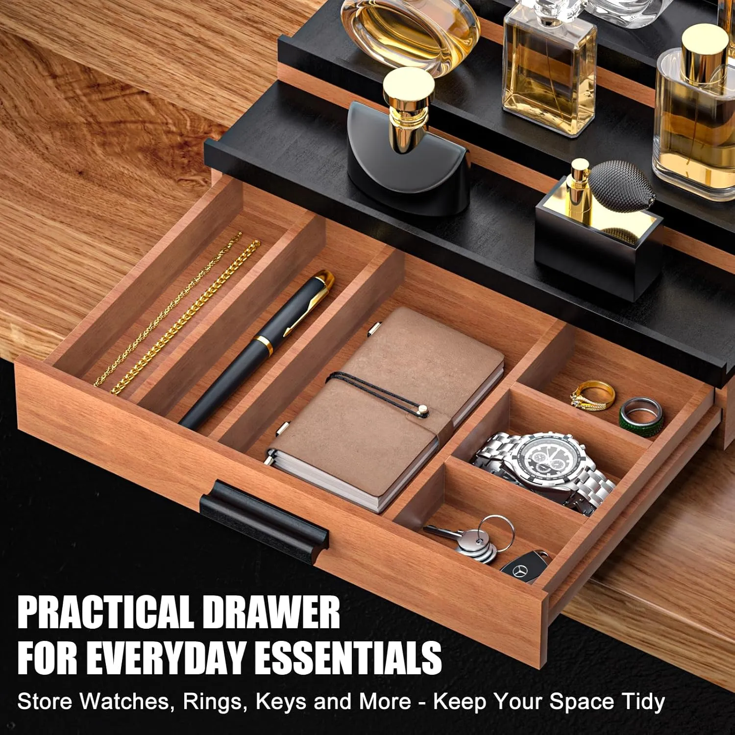 Sephyroth Cologne Organizer for Men – 3-Tier Perfume Display Shelf with Drawer and Hidden Storage, Elegant Cologne Holder, Great Gift for Men and Fathers (3T-WalnutBlack)