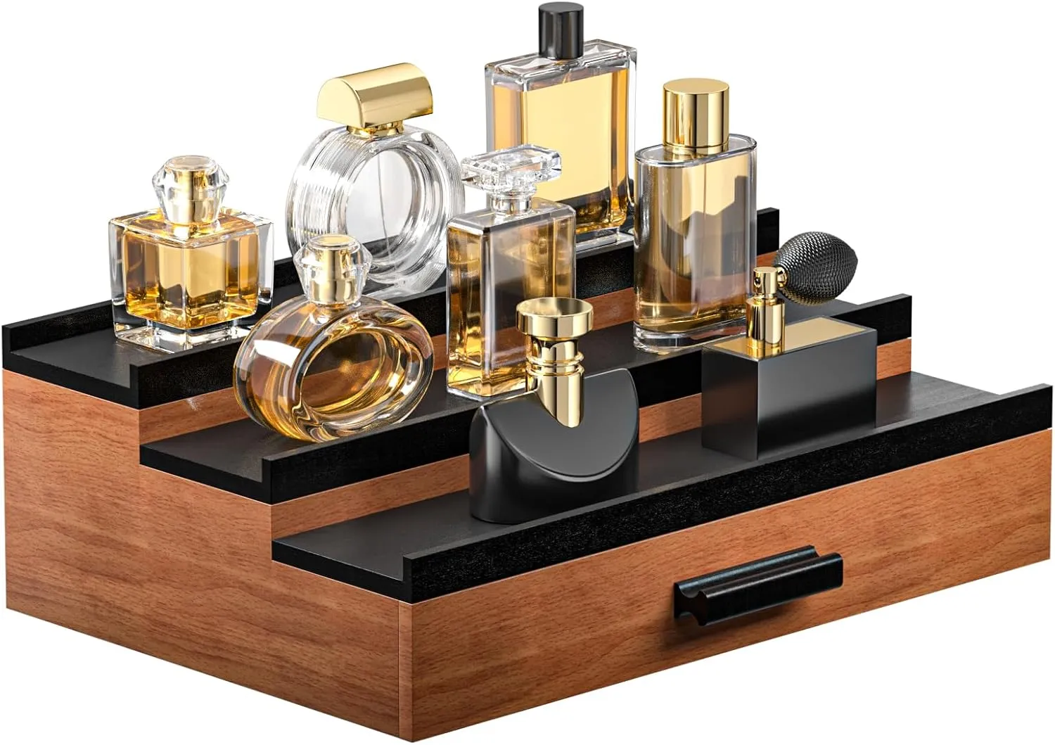 Sephyroth Cologne Organizer for Men – 3-Tier Perfume Display Shelf with Drawer and Hidden Storage, Elegant Cologne Holder, Great Gift for Men and Fathers (3T-WalnutBlack)