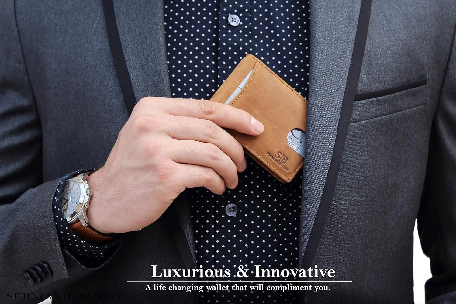 SERMAN BRANDS RFID Blocking Slim Bifold Genuine Leather Minimalist Front Pocket Wallets for Men with Money Clip Thin Mens