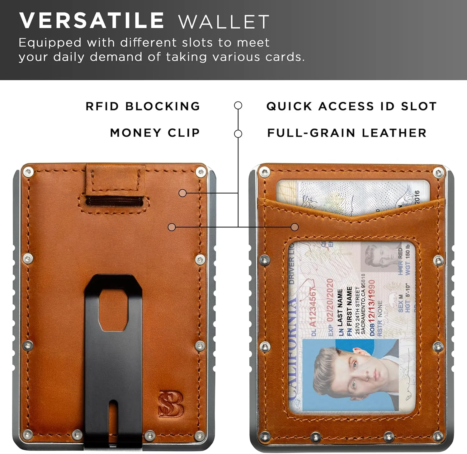 SERMAN BRANDS Slim RFID Blocking Wallet with Money Clip - Metal Minimalist Front Pocket Wallet - Thin and Compact – Full Grain Leather Card Holder for Men