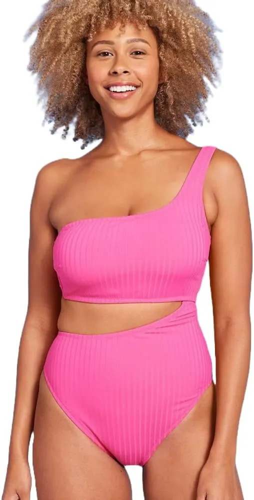 Shade & Shore Women's Ribbed One Shoulder Cut Out One Piece Swimsuit -