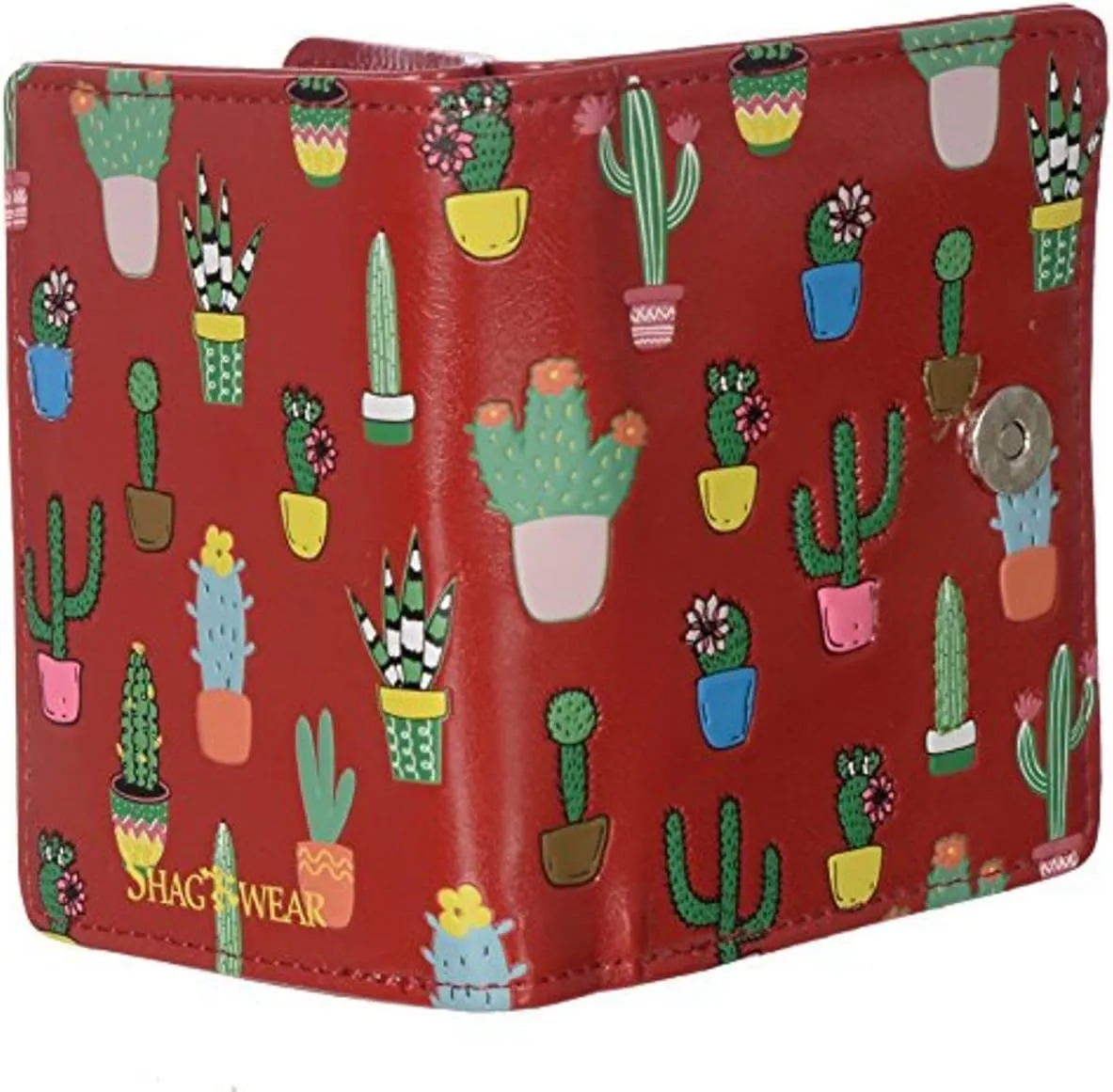 Shag Wear Women's Premium Vegan Clutch Cardholder Zipper Wallet Purse with Pretty Cactus Pattern, Red