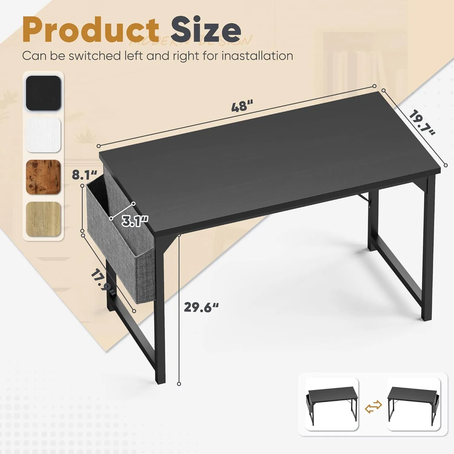 Shahoo Computer Desk, 48 Inch Office Writing Work Table, with Storage Bag and Hook, for Home, Study, Black
