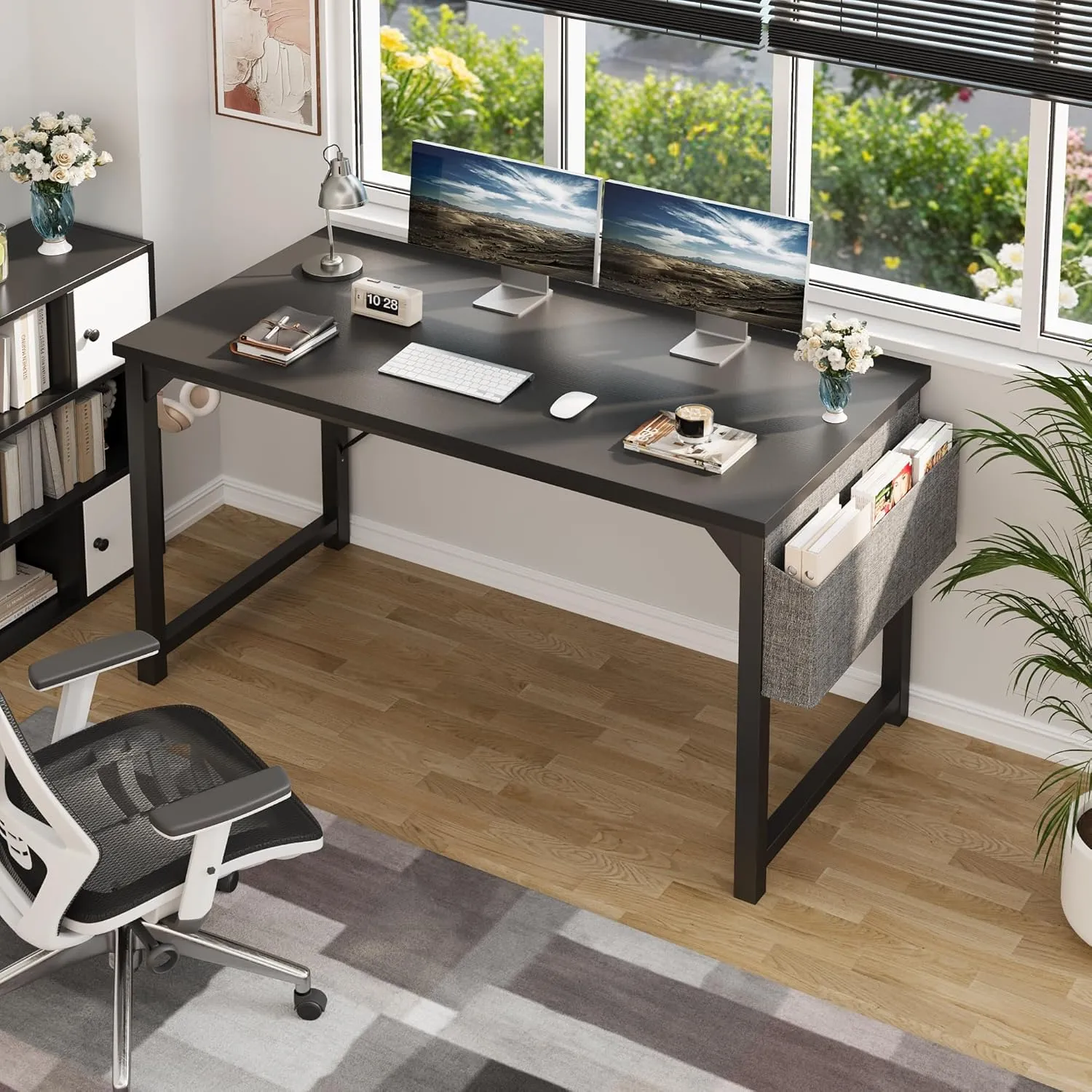 Shahoo Computer Desk, 48 Inch Office Writing Work Table, with Storage Bag and Hook, for Home, Study, Black