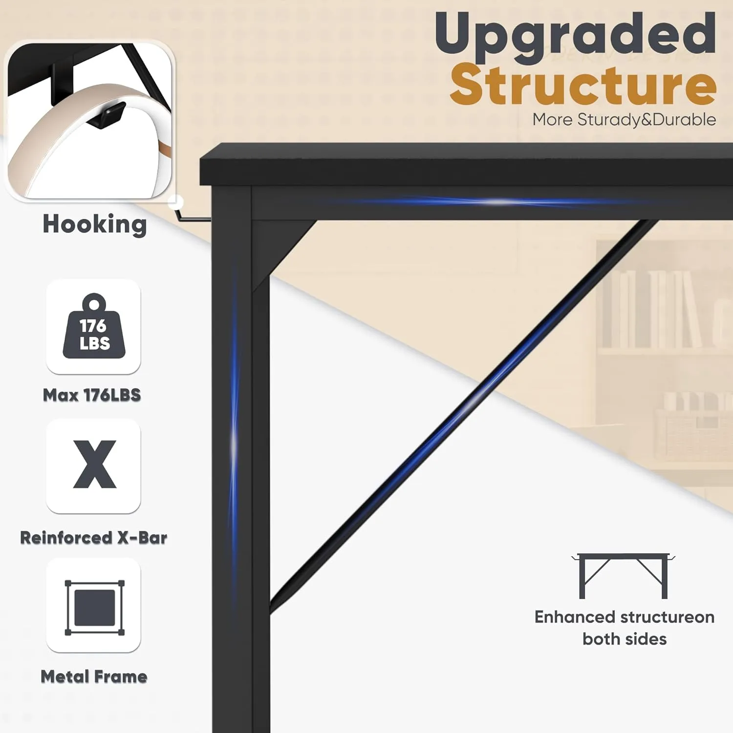 Shahoo Computer Desk, 48 Inch Office Writing Work Table, with Storage Bag and Hook, for Home, Study, Black