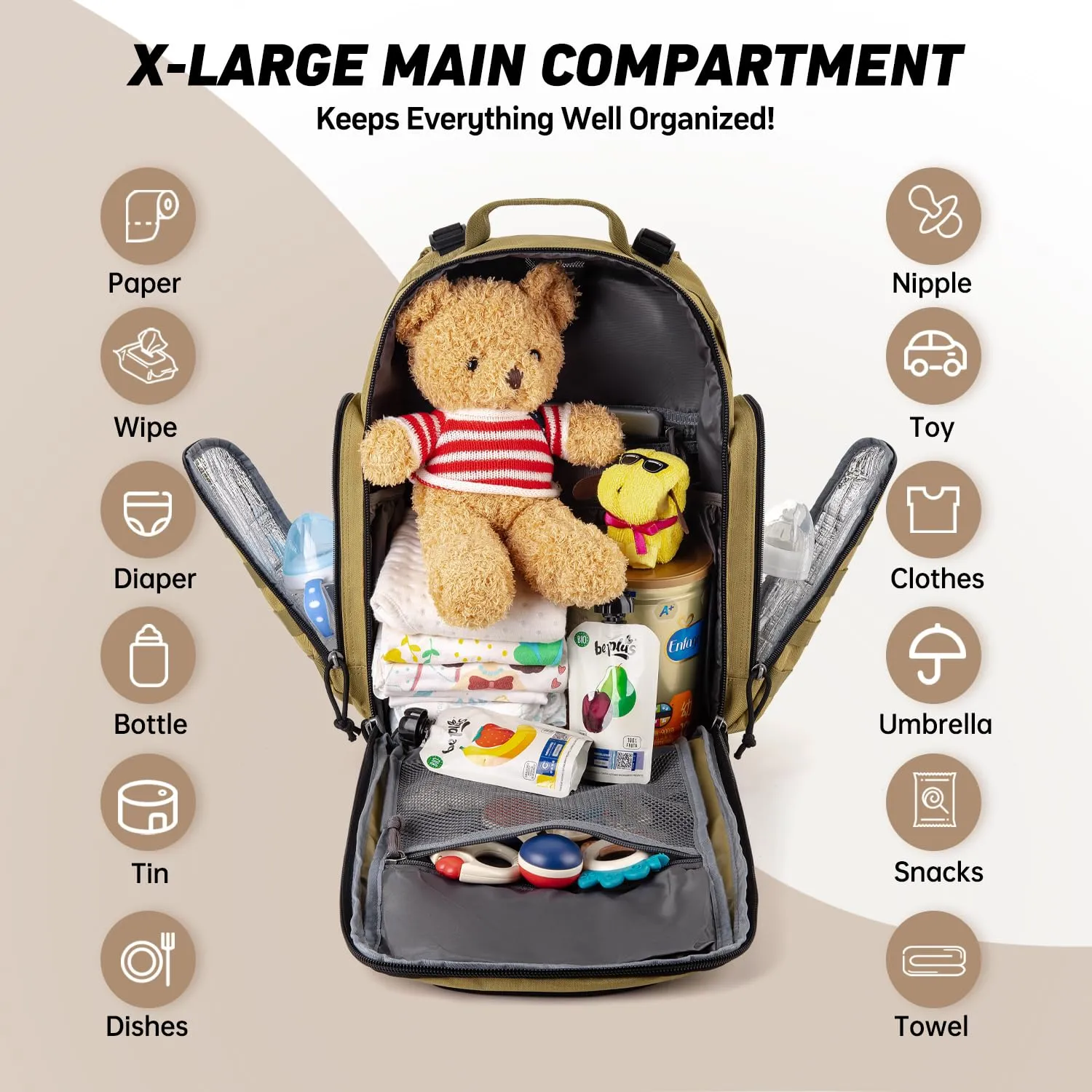 SHARKMOUTH Baby Diaper Bag for Men - Large Military Daddy Gear Backpack with Changing Pad for Travel Camping Hiking - Army Style for Active Dad Tan
