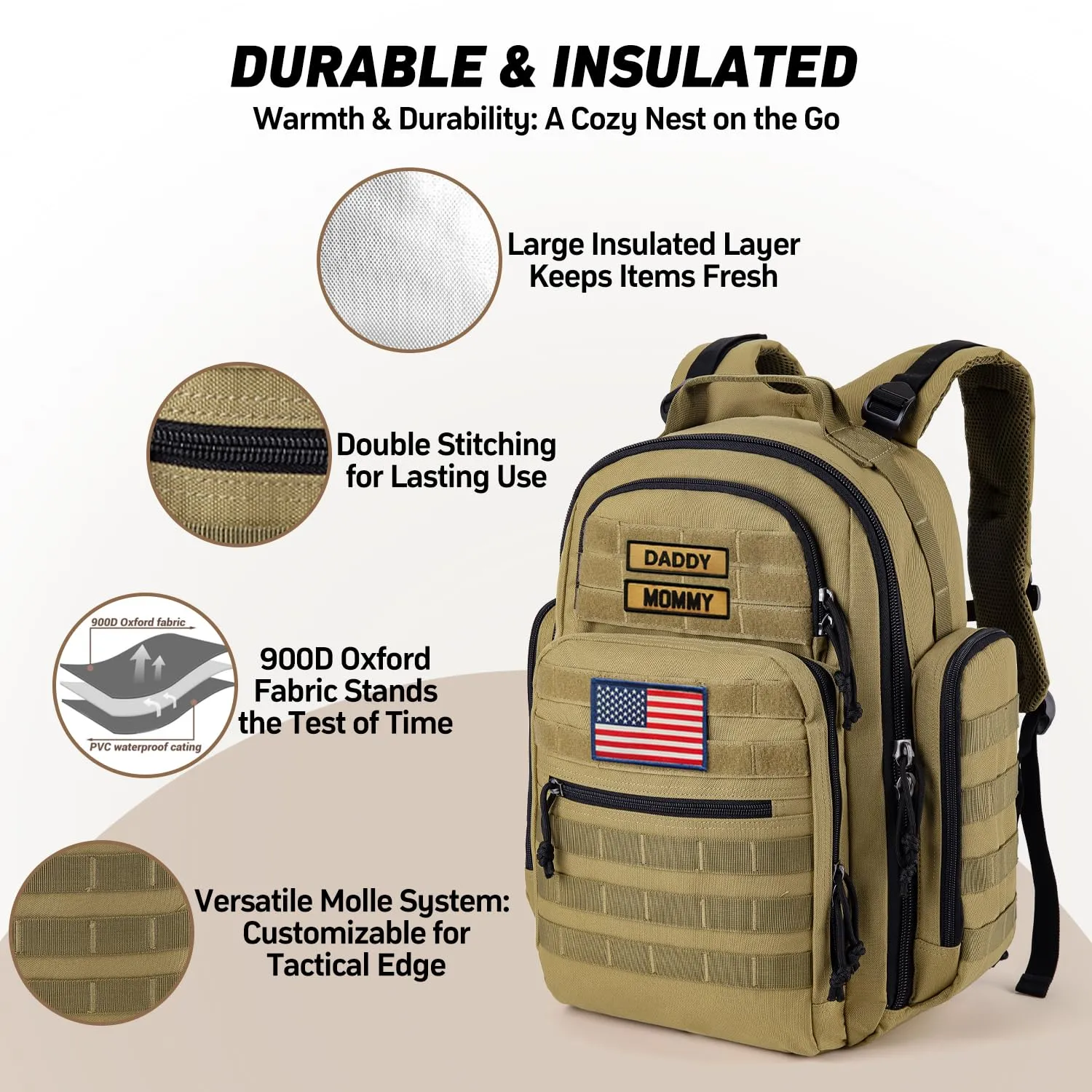 SHARKMOUTH Baby Diaper Bag for Men - Large Military Daddy Gear Backpack with Changing Pad for Travel Camping Hiking - Army Style for Active Dad Tan
