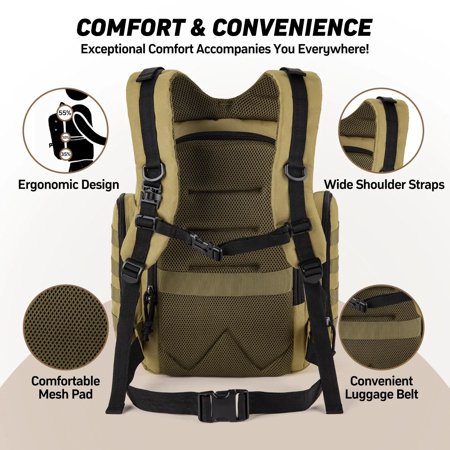 SHARKMOUTH Baby Diaper Bag for Men - Large Military Daddy Gear Backpack with Changing Pad for Travel Camping Hiking - Army Style for Active Dad Tan